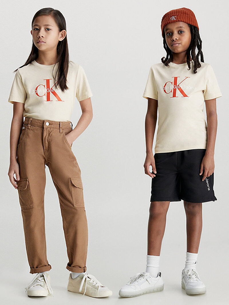 Calvin Klein Bej Renkli Çocuk Unisex Monogram Logo T-Shirt