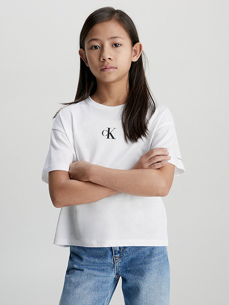 Calvin Klein Beyaz Renkli Kız Çocuk CK Logo Boxy T-Shirt