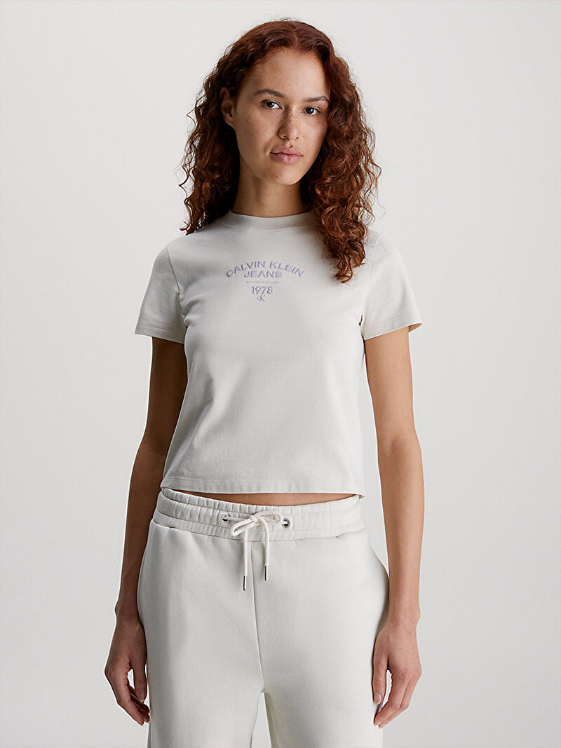 Calvin Klein Ekru Renkli Kadın Varsity Logo Baby T-Shirt