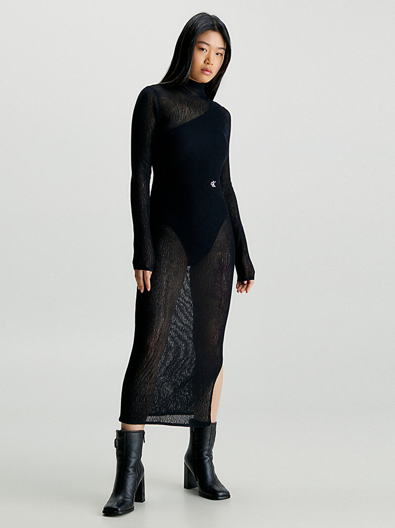 Calvin Klein Siyah Renkli Kadın Sheer Tight Kazak Elbise
