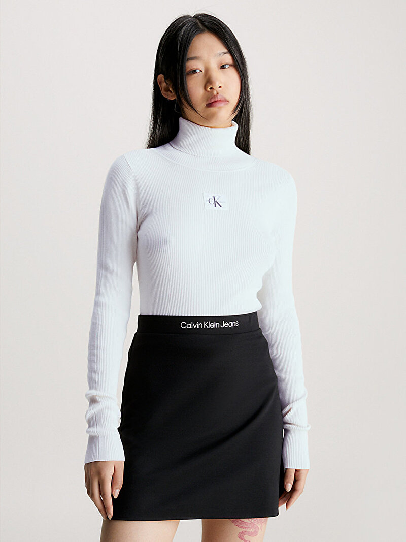Calvin Klein Beyaz Renkli Kadın Badge Boğazlı Kazak