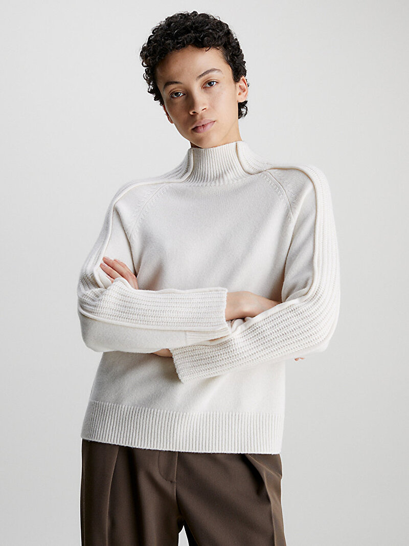Calvin Klein Beyaz Renkli Kadın Recycled Wool Mock Neck Kazak