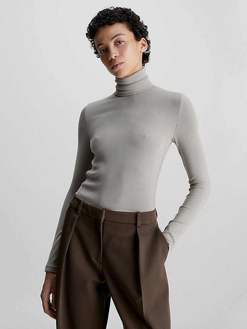 Calvin Klein Bej Renkli Kadın Modal Rib Uzun Kollu T-Shirt