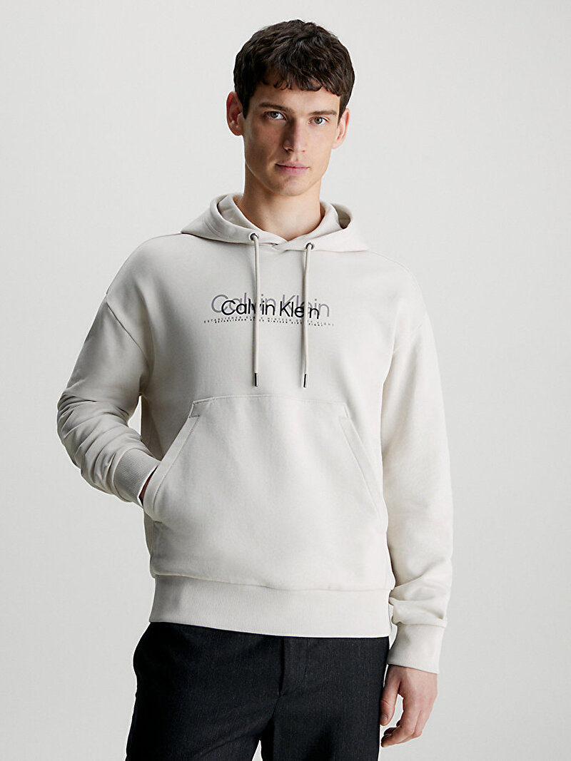 Calvin Klein Bej Renkli Erkek Double Flock Logo Sweatshirt