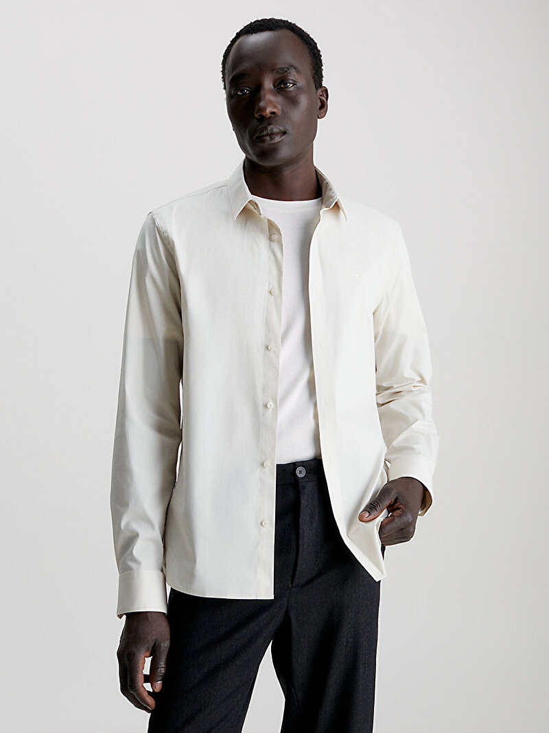 Calvin Klein Bej Renkli Erkek Poplin Stretch Slim Gömlek