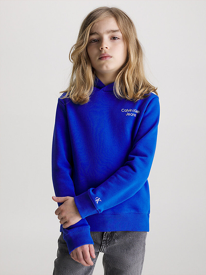 Calvin Klein Mavi Renkli Erkek Çocuk Ckj Stack Logo Hoodie Sweatshirt