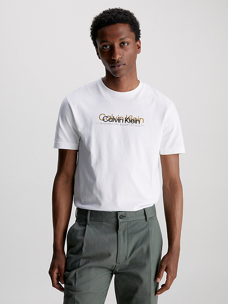 Calvin Klein Beyaz Renkli Erkek Double Flock Logo T-Shirt
