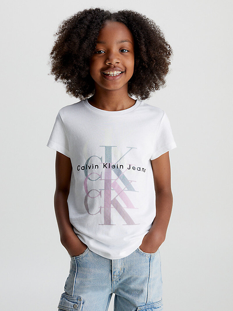Calvin Klein Beyaz Renkli Kız Çocuk Monogram Repeat Slim T-Shirt