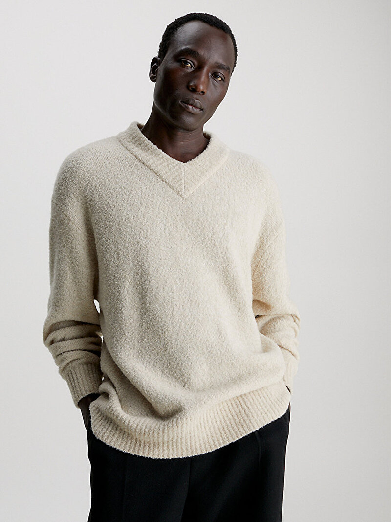Calvin Klein Bej Renkli Erkek Wool-Blend Boucle Kazak