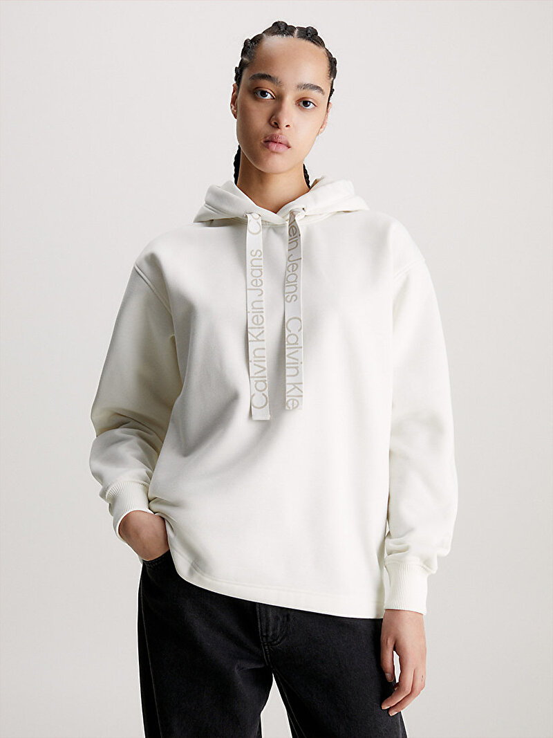 Calvin Klein Beyaz Renkli Kadın Logo Drawcord Hooded Sweatshirt