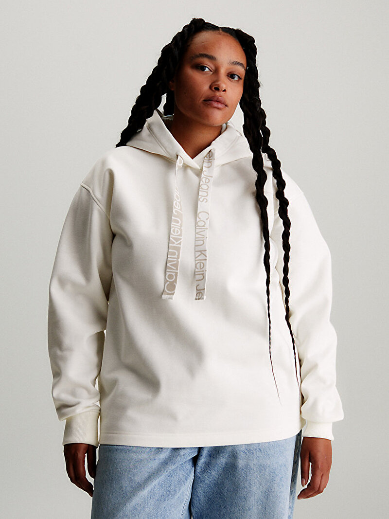 Calvin Klein Beyaz Renkli Kadın Logo Drawcord Hooded Sweatshirt