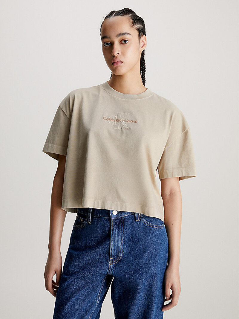 Calvin Klein Bej Renkli Kadın Mineral Dye Monologo T-Shirt