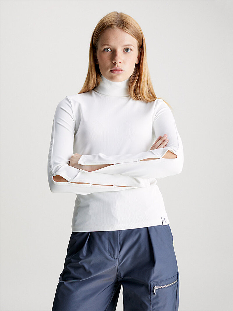 Calvin Klein Beyaz Renkli Kadın Tab Split Uzun Kollu T-Shirt