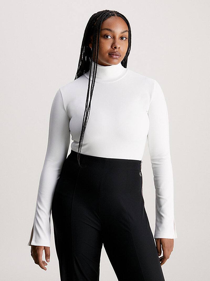 Calvin Klein Beyaz Renkli Kadın Tab Split Uzun Kollu T-Shirt