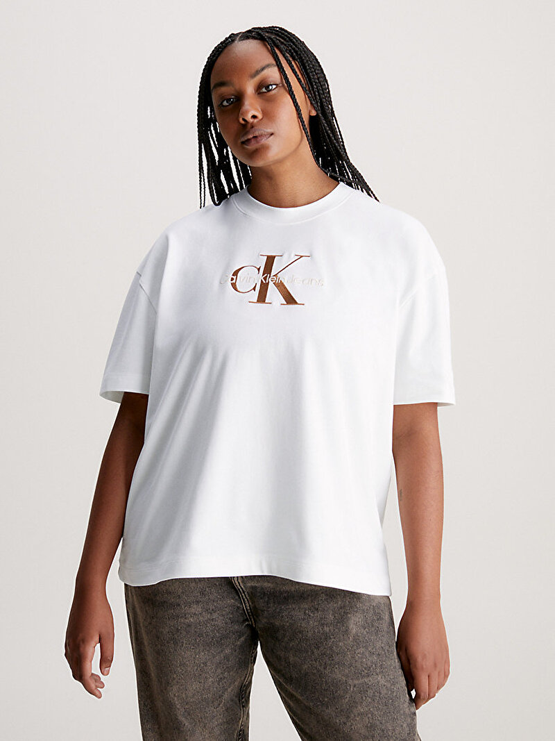 Calvin Klein Beyaz Renkli Kadın Premium Monologo T-Shirt