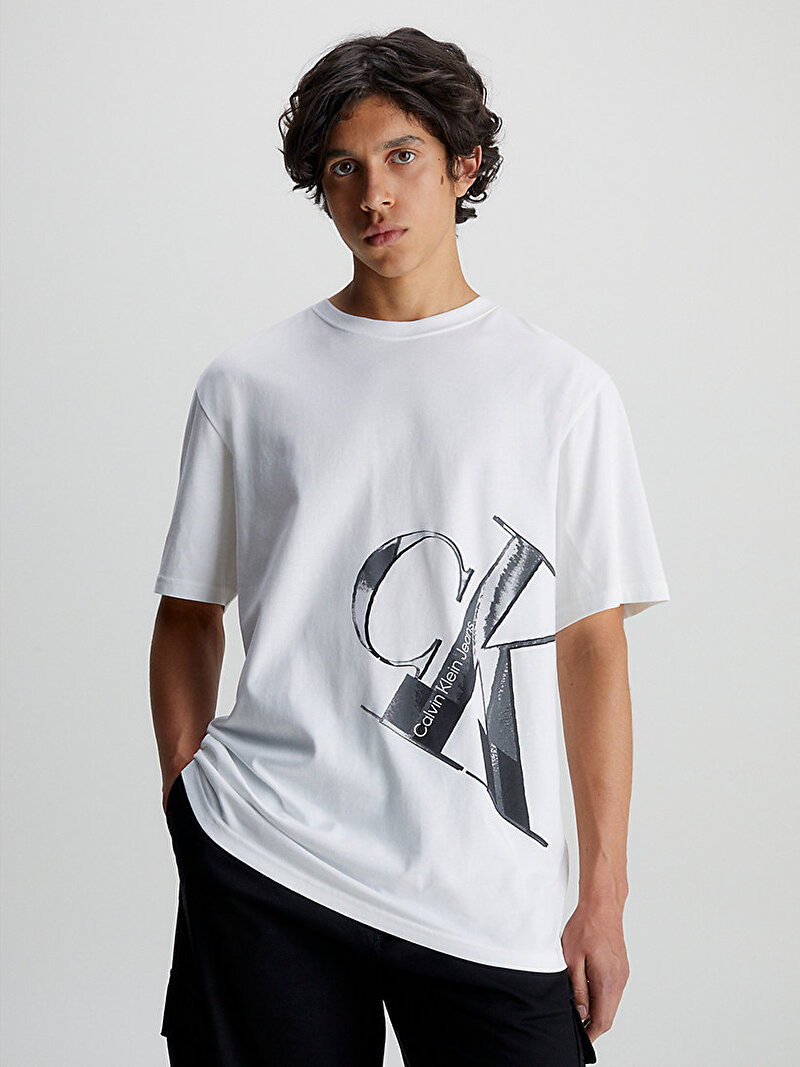Calvin Klein Beyaz Renkli Erkek Hyper Real Slanted T-Shirt