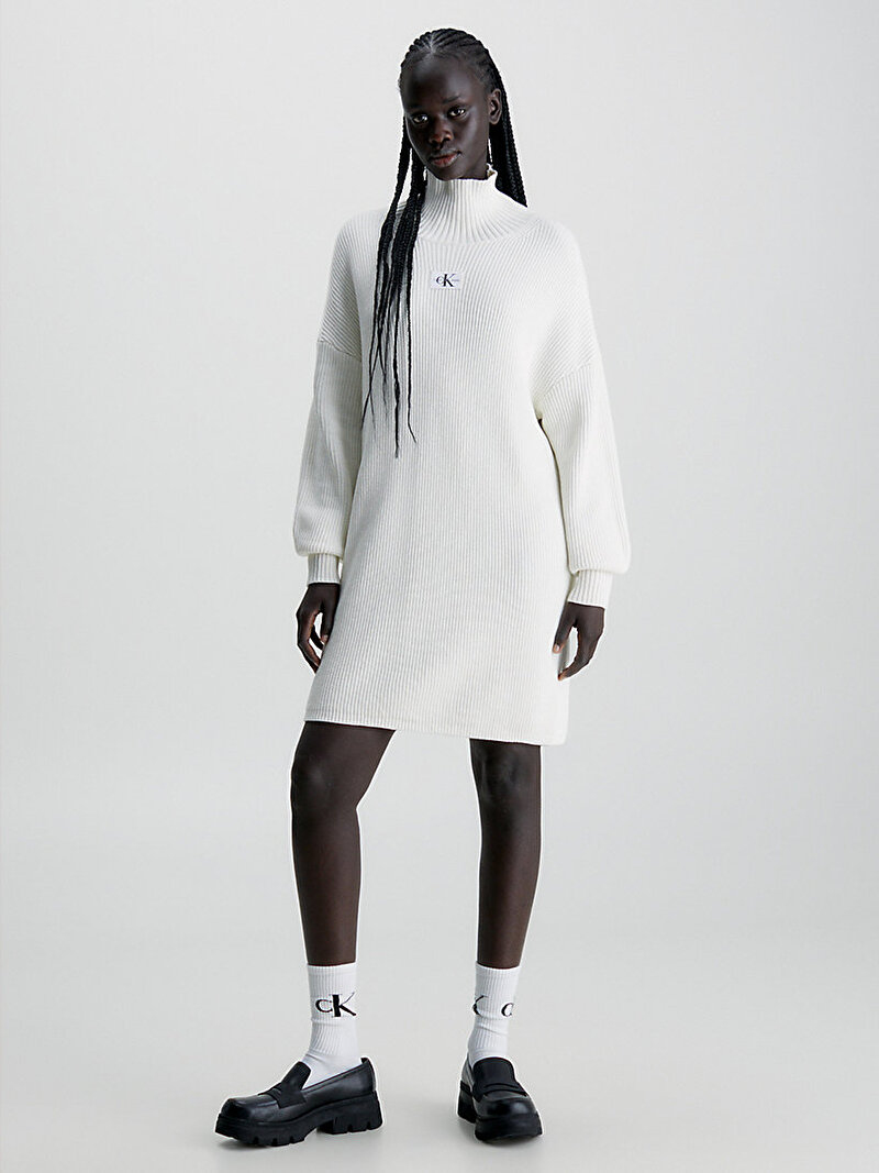 Calvin Klein Beyaz Renkli Kadın Woven Label Loose Kazak Elbise