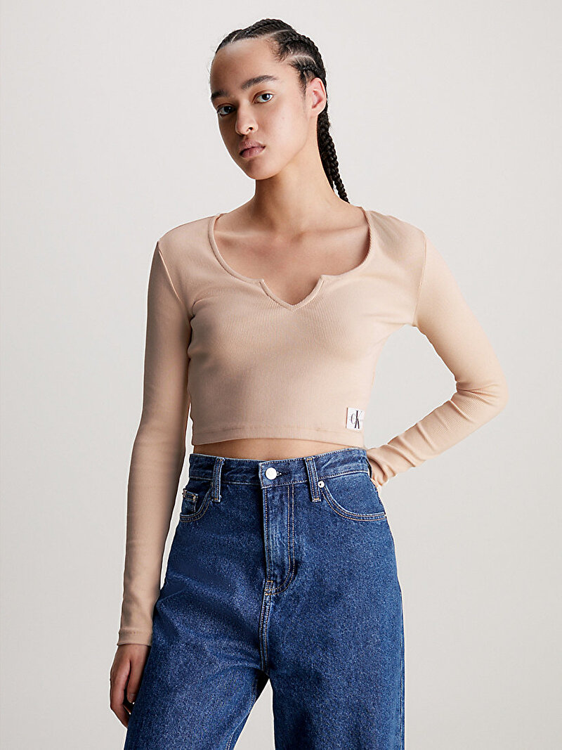 Calvin Klein Bej Renkli Kadın Split Collar Rib Uzun Kollu T-Shirt