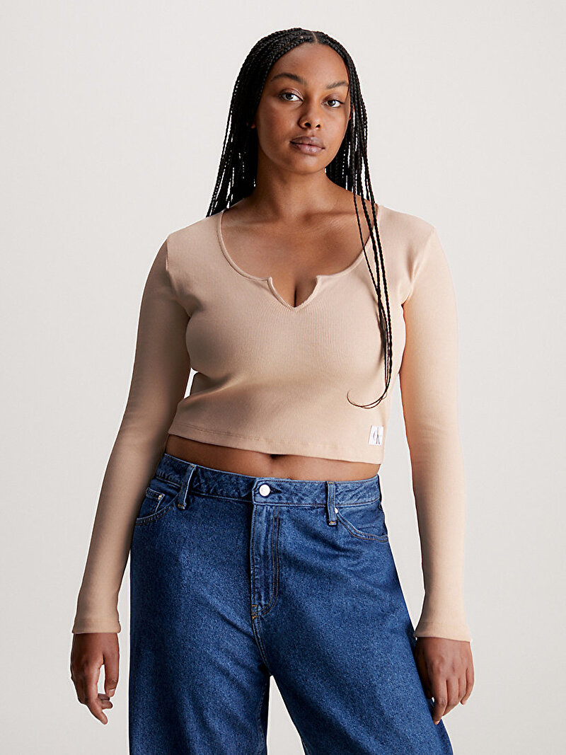 Calvin Klein Bej Renkli Kadın Split Collar Rib Uzun Kollu T-Shirt