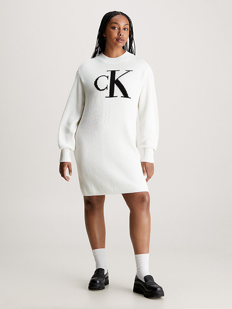 Calvin Klein Beyaz Renkli Kadın Ck Intarsia Loose Kazak Elbise