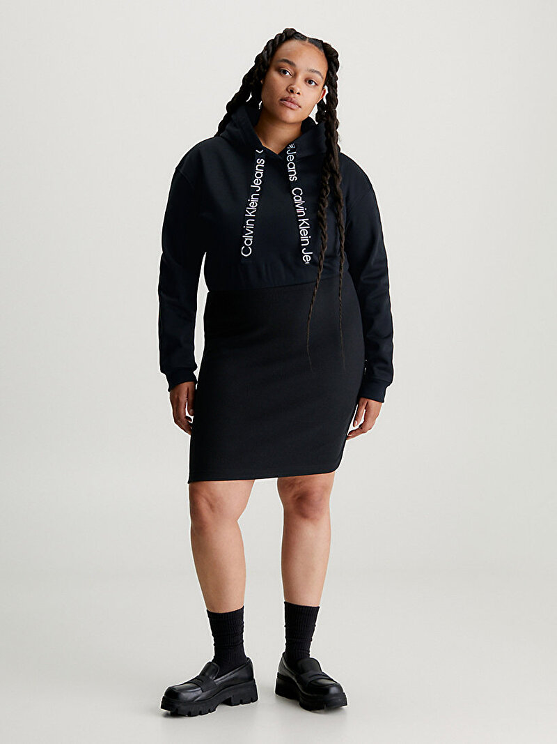 Calvin Klein Siyah Renkli Kadın Logo Elastic Hoodie Elbise