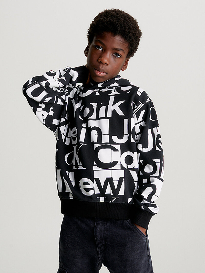 Calvin Klein Siyah Renkli Erkek Çocuk Grid Aop Hoodie Sweatshirt