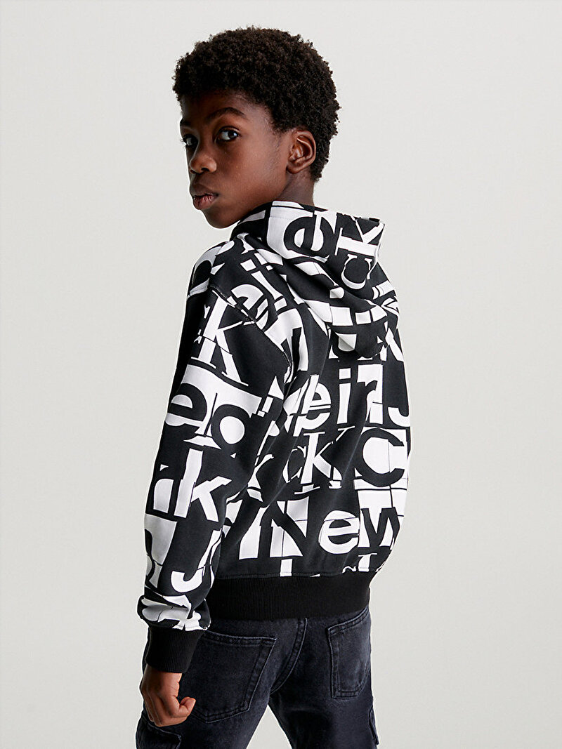 Calvin Klein Siyah Renkli Erkek Çocuk Grid Aop Hoodie Sweatshirt