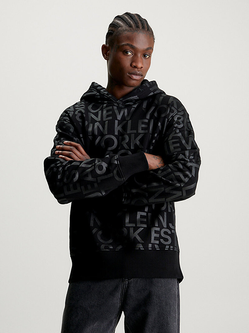 Calvin Klein Siyah Renkli Erkek Logo Aop Hoodie Sweatshirt