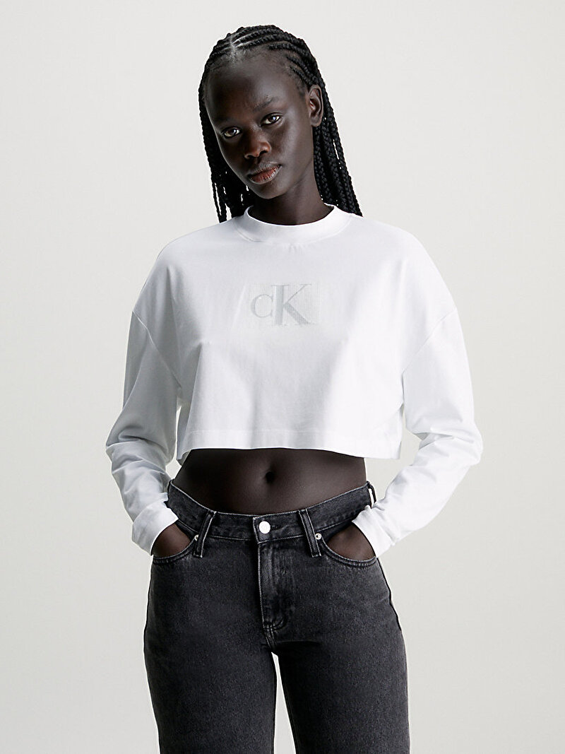 Calvin Klein Beyaz Renkli Kadın Sequin Uzun Kollu T-Shirt