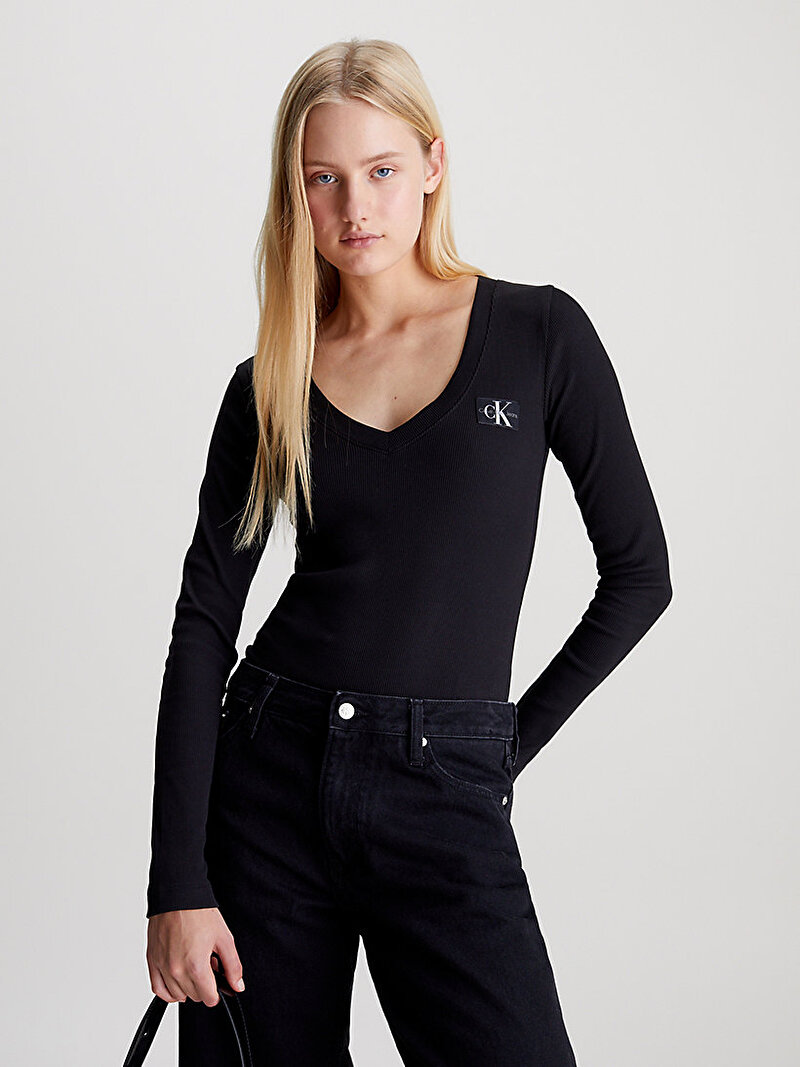 Calvin Klein Siyah Renkli Kadın V Yaka Uzun Kollu T-Shirt