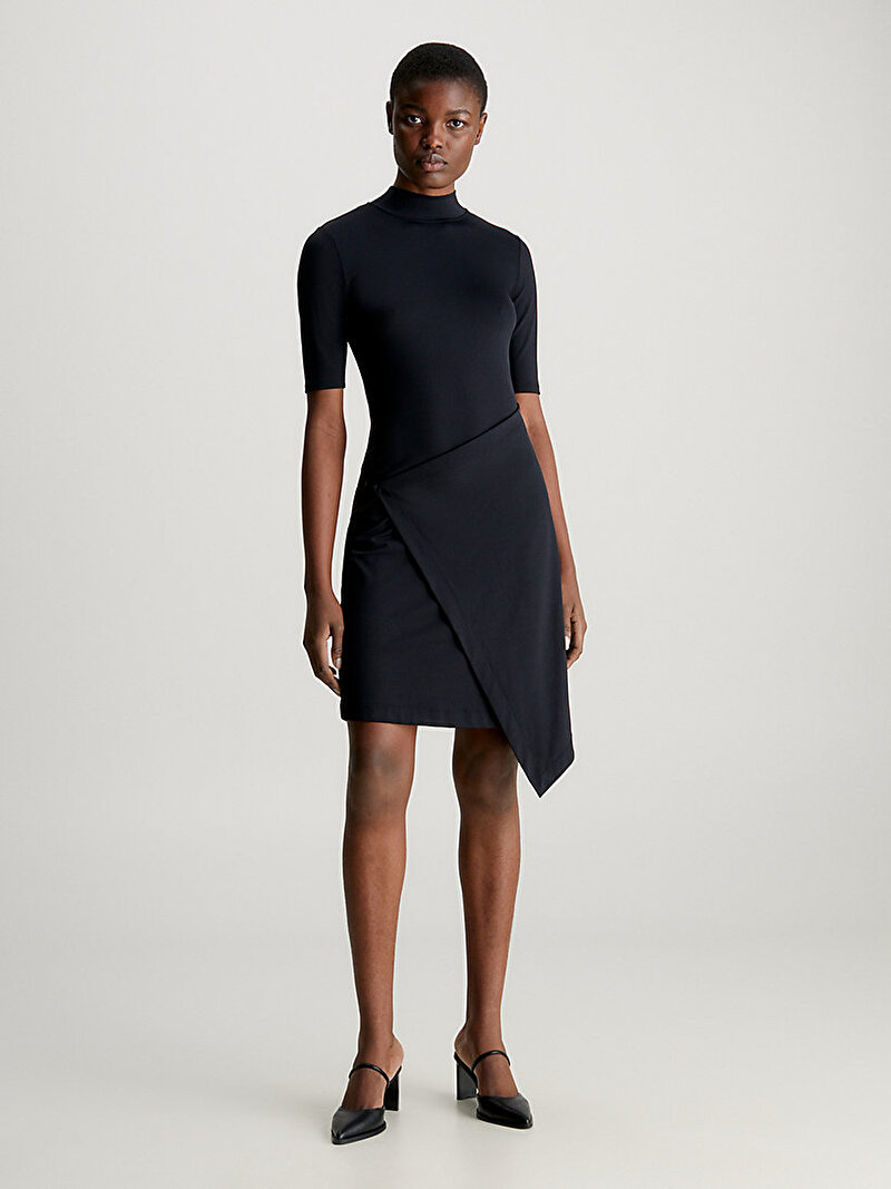 Calvin Klein Siyah Renkli Kadın Stretch Jersey Asimetrik Elbise