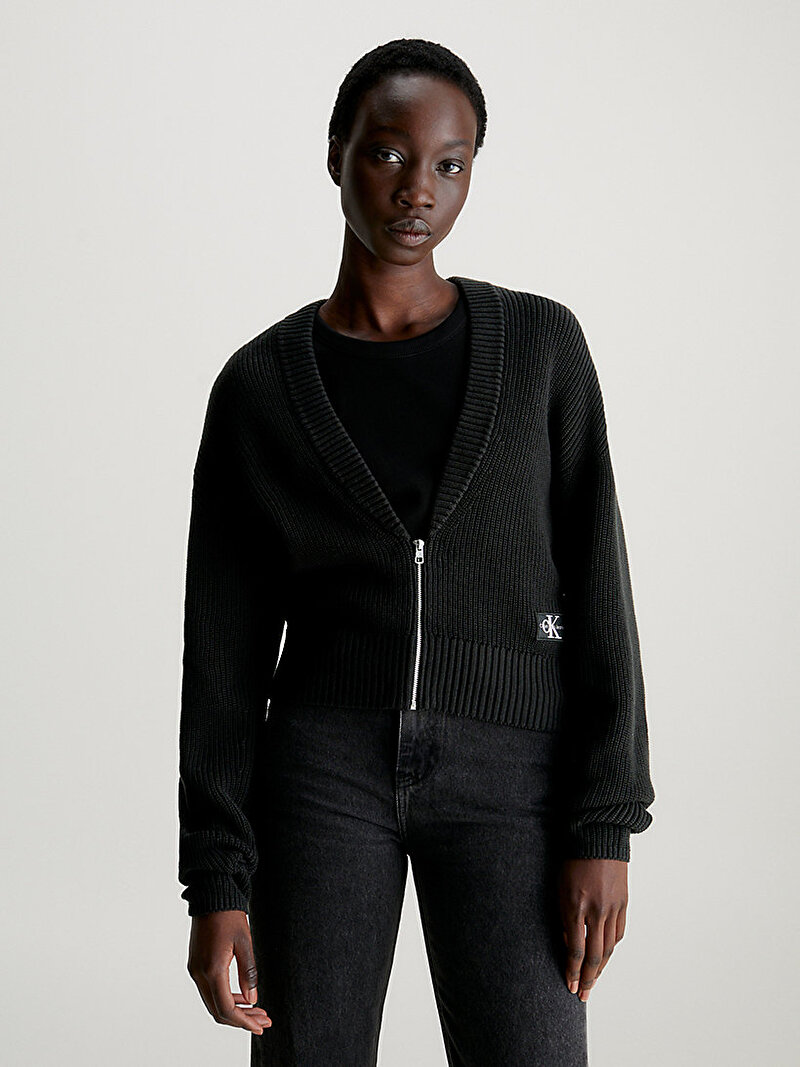 Calvin Klein Siyah Renkli Kadın Woven Label Zipped Hırka