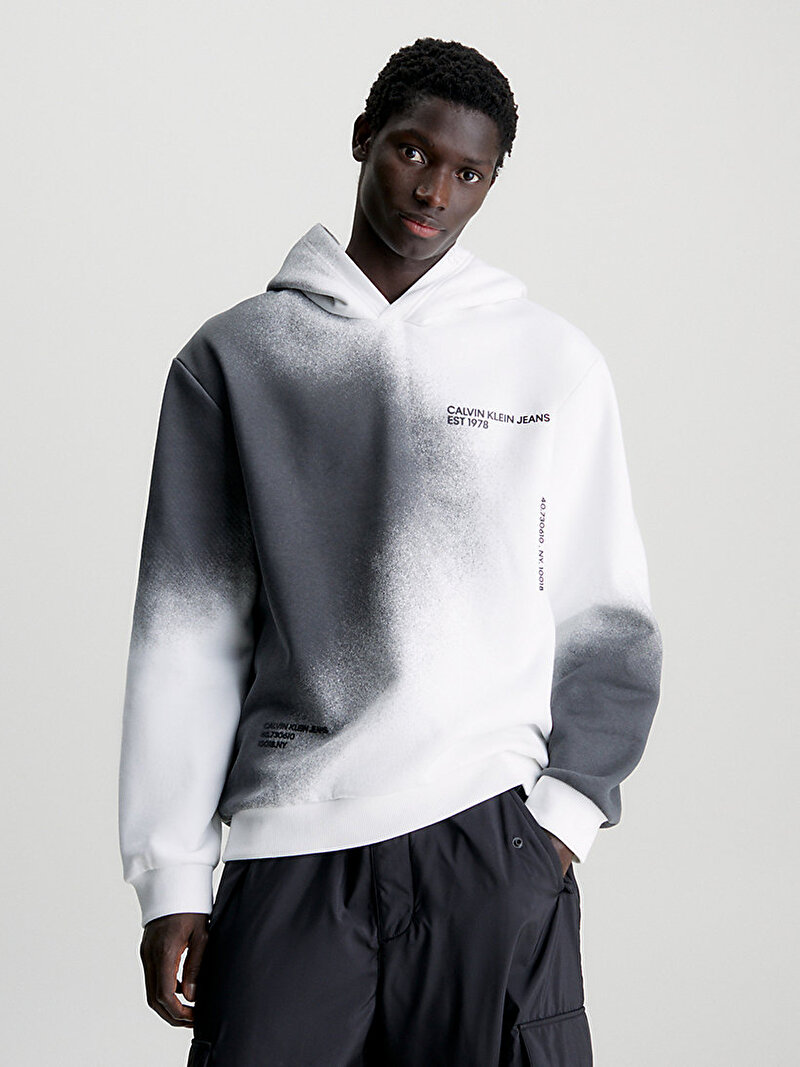 Calvin Klein Beyaz Renkli Erkek Spray Aop Hoodie Sweatshirt