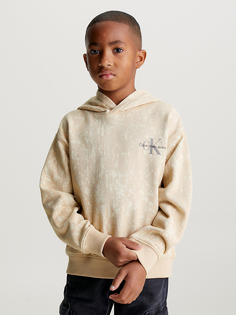 Calvin Klein Bej Renkli Erkek Çocuk Second Skin Aop Hoodie Sweatshirt