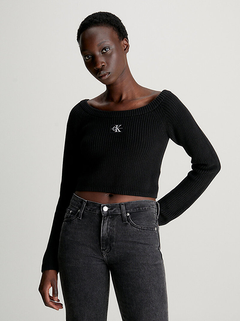 Calvin Klein Siyah Renkli Kadın Woven Label Off Shoulder Kazak