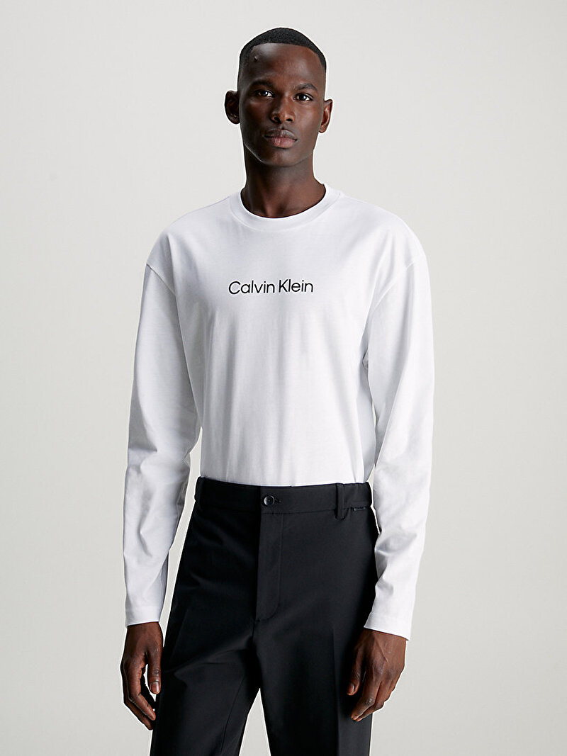 Calvin Klein Beyaz Renkli Erkek Hero Logo Uzun Kollu T-Shirt