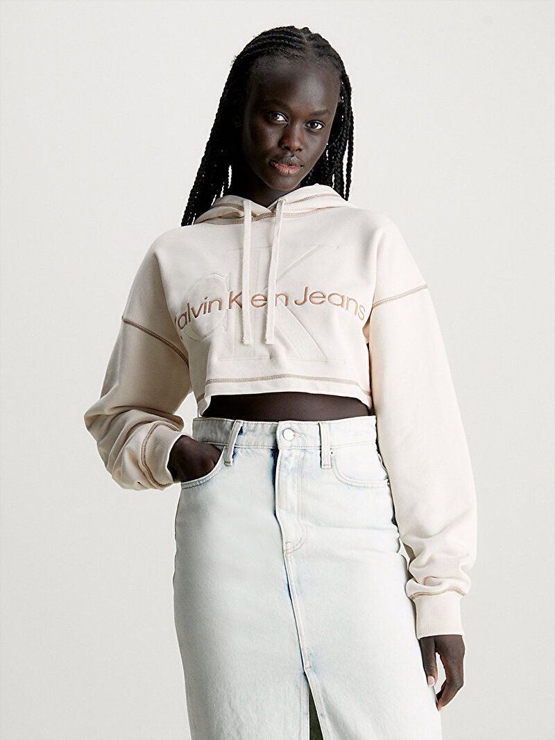 Calvin Klein Bej Renkli Kadın Hero Monologo Crop Sweatshirt