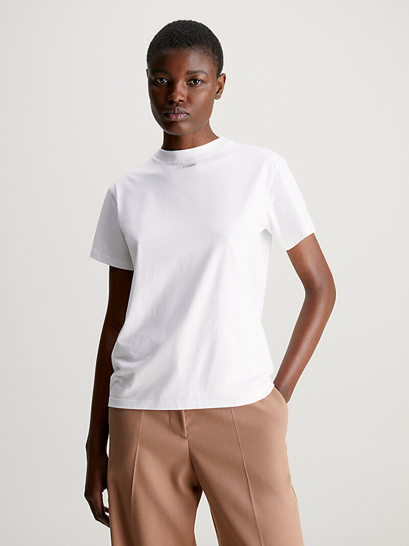 Calvin Klein Beyaz Renkli Kadın Metallic Micro Logo T-Shirt