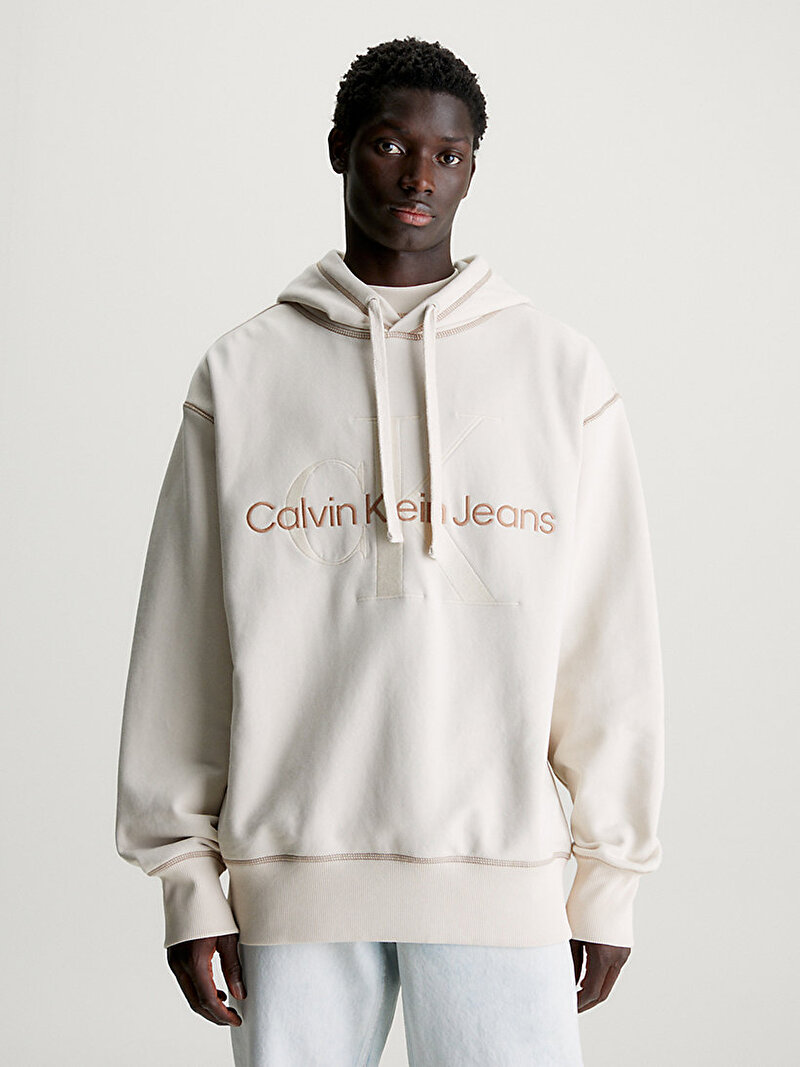 Calvin Klein Bej Renkli Erkek Wash Monologo Hoodie Sweatshirt