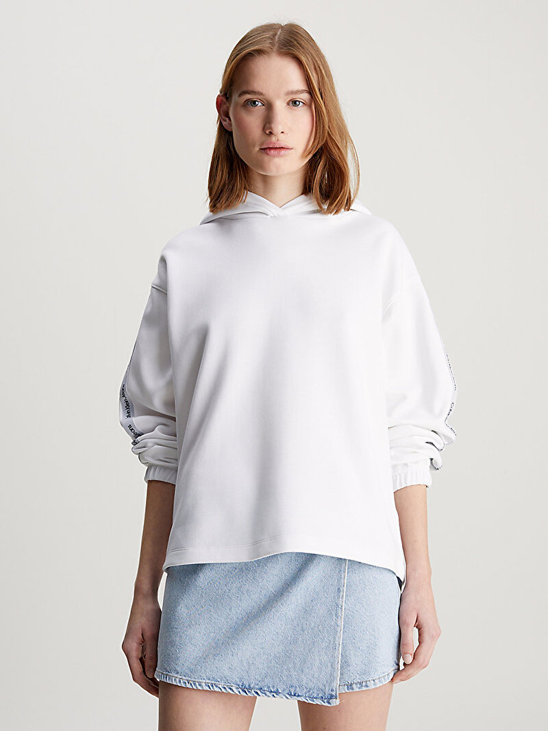 Calvin Klein Beyaz Renkli Kadın Logo Elastic Hoodie Sweatshirt