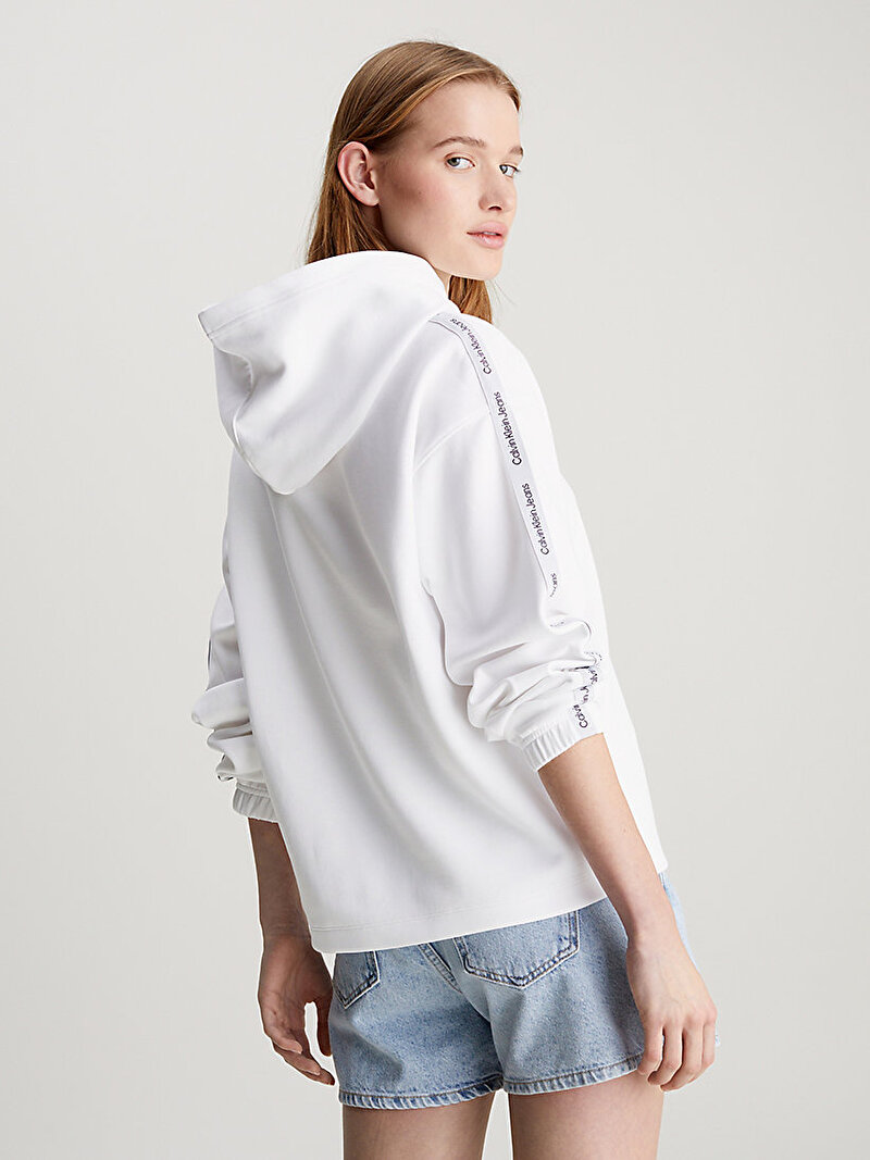 Calvin Klein Beyaz Renkli Kadın Logo Elastic Hoodie Sweatshirt
