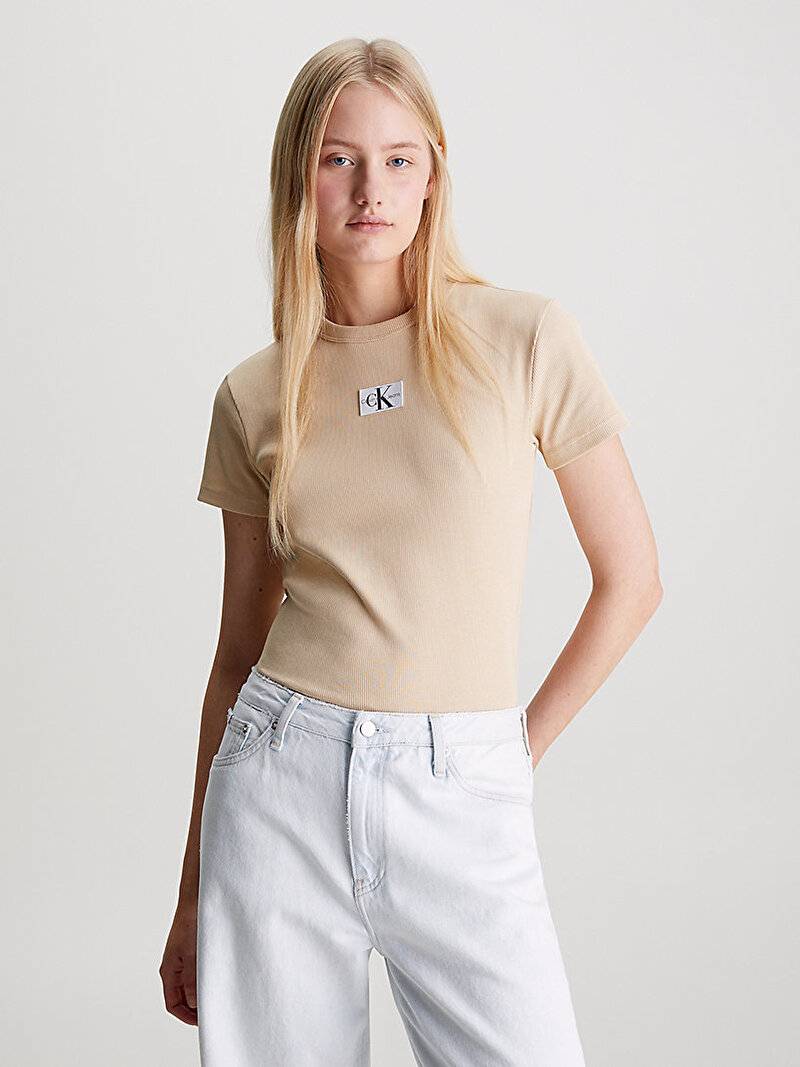 Calvin Klein Bej Renkli Kadın Woven Label Rib Regular T-Shirt