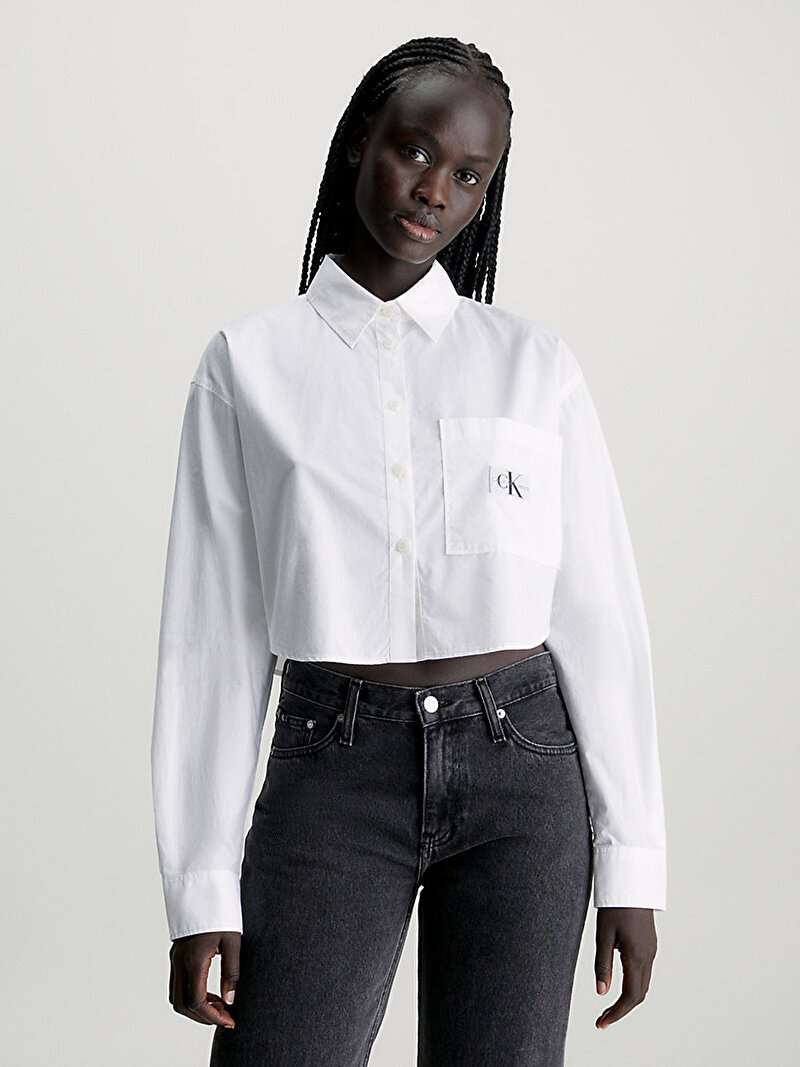 Calvin Klein Beyaz Renkli Kadın Cropped Gömlek