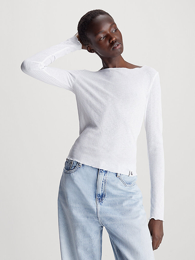 Calvin Klein Beyaz Renkli Kadın Sheer Uzun Kollu T-Shirt