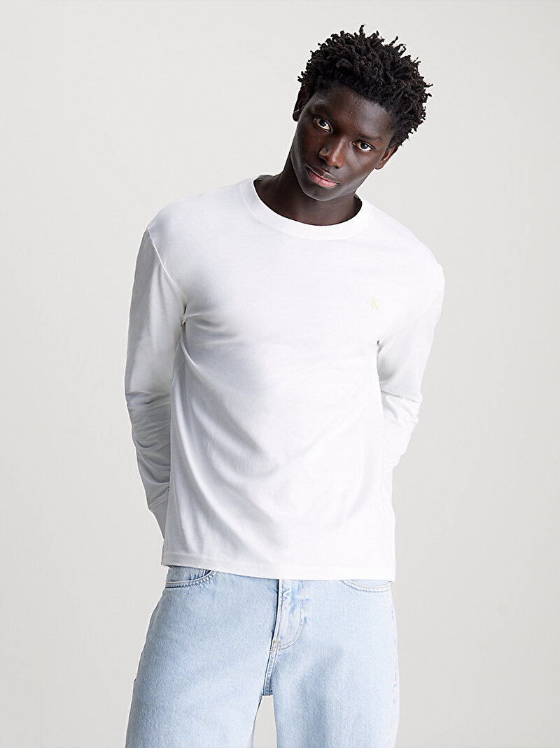 Calvin Klein Beyaz Renkli Erkek Institutional Logo Uzun Kollu T-Shirt