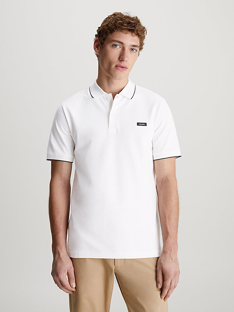 Calvin Klein Beyaz Renkli Erkek Stretch Pique Tipping Polo T-Shirt