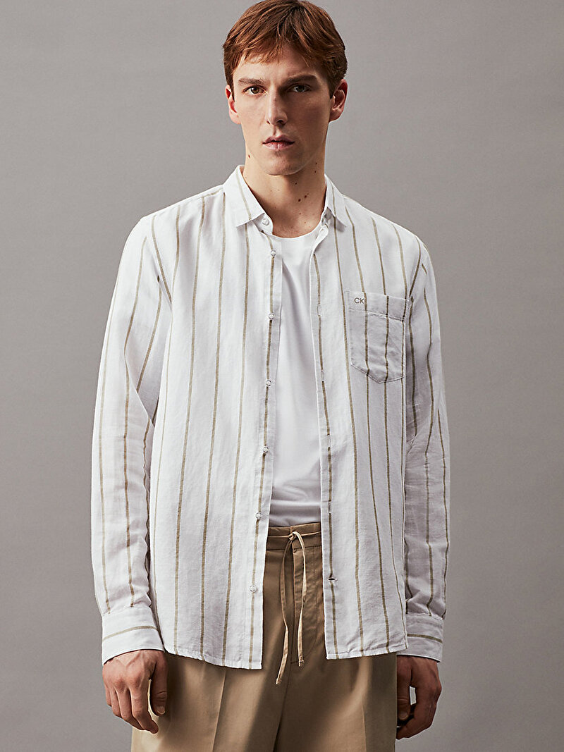 Calvin Klein Beyaz Renkli Erkek Casual Çizgili Gömlek