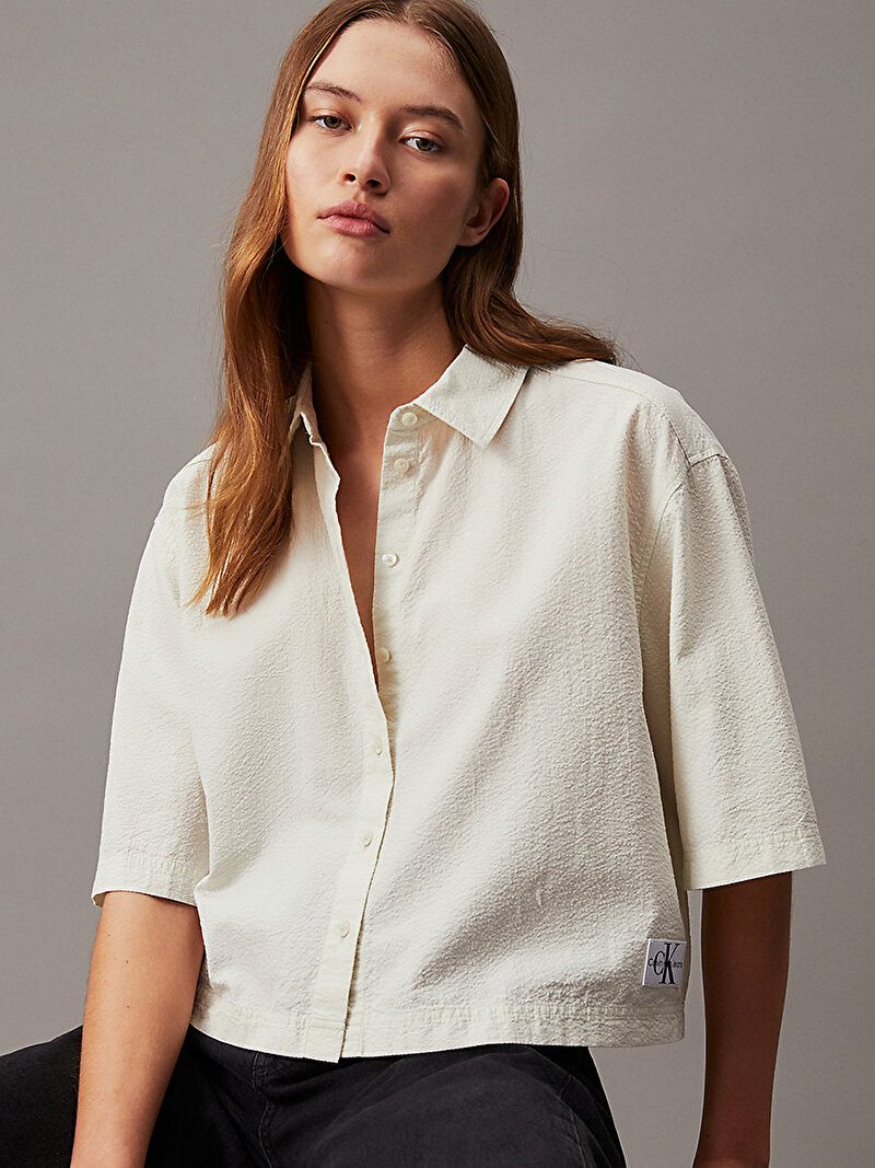 Calvin Klein Beyaz Renkli Kadın Back Detail Seersuck Gömlek