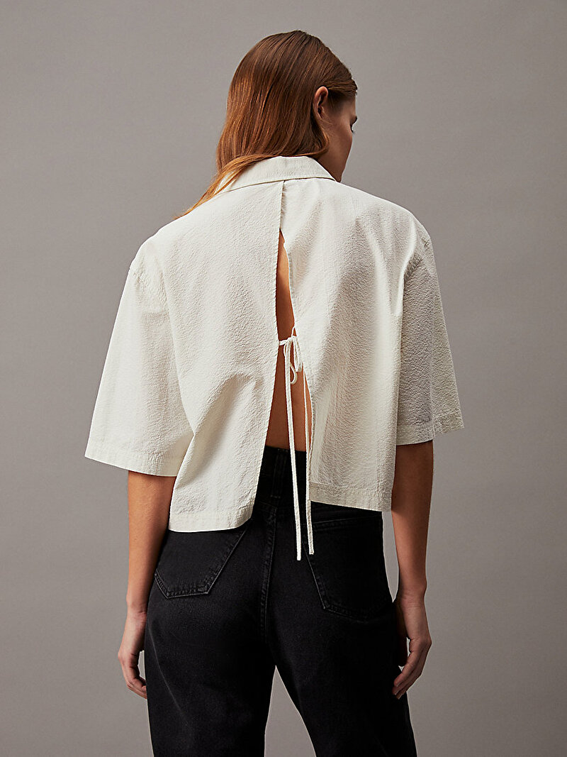 Calvin Klein Beyaz Renkli Kadın Back Detail Seersuck Gömlek