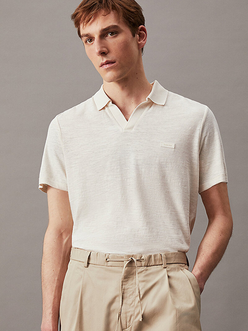 Calvin Klein Ekru Renkli Erkek Cotton Linen Polo T-Shirt